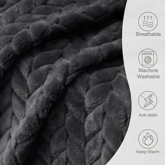 Dark Grey Knit Jacquard Weave Pattern Decorative Warm Flannel Couch Cozy Blanket - Picture 4 of 16